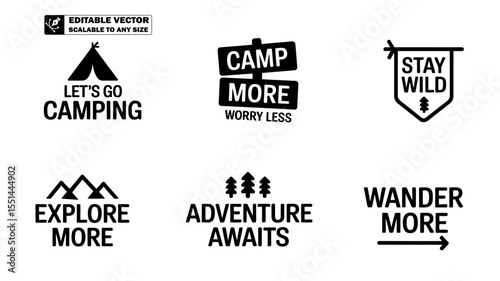 A collection of six black and white camping and adventure themed graphic designs on a white background