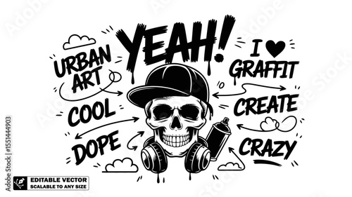 A doodle style drawing with a skull wearing headphones and a crown holding a spray paint can around text