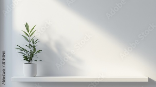 Perfectly Clean and Bright White Wall with a Minimalist Plant on a Shelf in Sunlight
