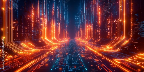 Futuristic Digital Cityscape with Glowing Red and Blue Circuit Board Pathways