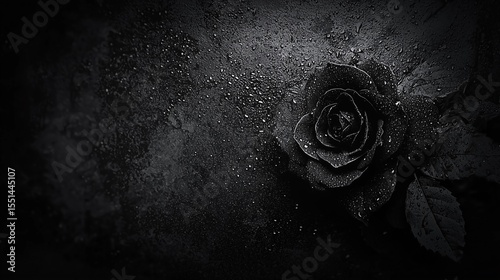 Dark and Moody Black Rose with Water Droplets on a Textured Surface and Vignette
