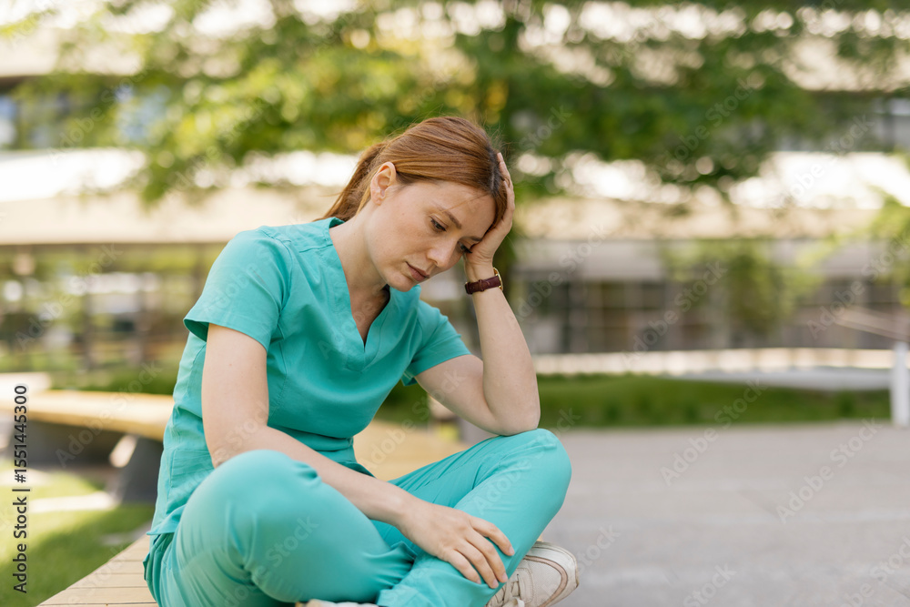 Healthcare worker sitting outside in scrubs looking stressed and exhausted Healthcare worker sitting outside in scrubs looking stressed and exhausted