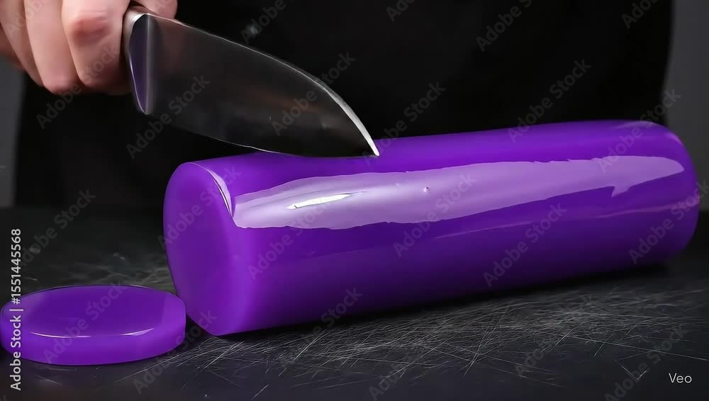 4K macro footage of a deep purple cylinder being sliced into smooth discs. Ideal for satisfying visuals and ASMR content with soft, glossy texture and precision cuts.