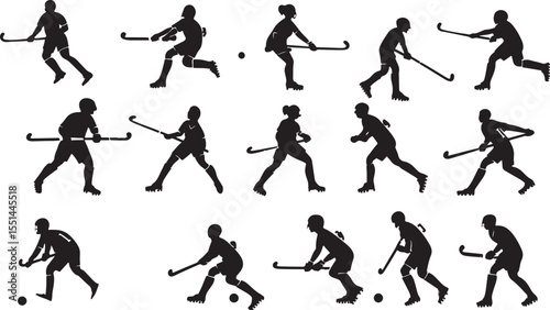 Field Hockey Player Silhouettes in Action Poses on White Background