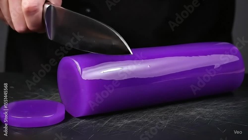 4K macro footage of a deep purple cylinder being sliced into smooth discs. Ideal for satisfying visuals and ASMR content with soft, glossy texture and precision cuts.
