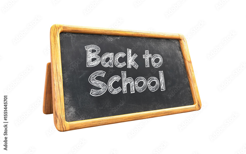 Fototapeta premium A small classroom chalkboard with Back to School handwritten in white chalk symbolizing the excitement and renewal of a new academic year isolated on transparent background PNG