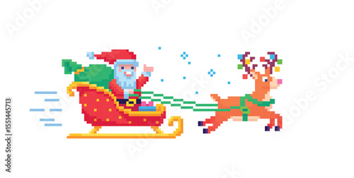 Pixel art 8-bit vector Santa Claus rides sleigh pulled by reindeer with gifts isolated on white background festive winter holiday scene illustration
