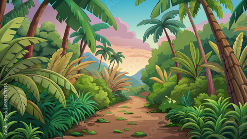 Lush jungle path surrounded by giant ferns and tall palm trees vector, ideal for adventure, nature exploration, or tropical travel concepts