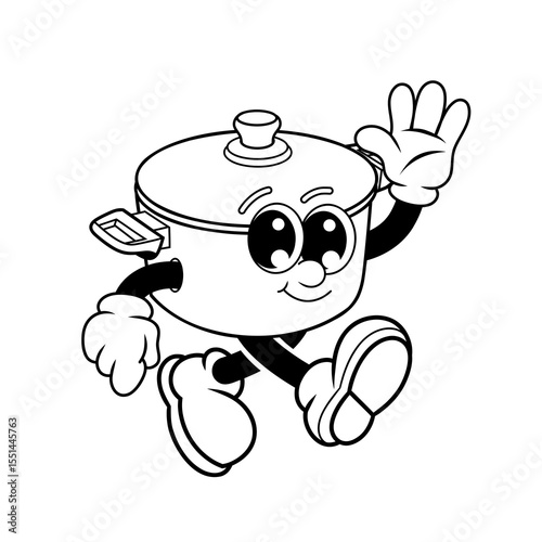 Retro character design of friendly cooking pots outline