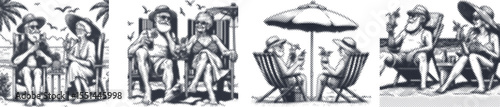 Halftone stipple engraving bundle design featuring beach old couple relaxing with cocktails, vintage style black illustration, seaside leisure, summer vacation, calm moment, retirement joy