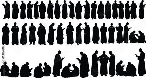 Silhouette monk figures reading, sitting, standing, praying, Buddhist meditation concept, black and white vector set, religious practice, peaceful lifestyle, 
