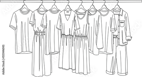 Minimalist clothing line art, hanging fashion garments, t-shirts, dresses, pants, shirt, black and white sketch, modern wardrobe, closet organization, apparel illustration for fashion design.