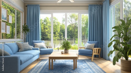Sunlit living room with blue furnishings, large windows showcasing a tranquil lake view, and hardwood floors