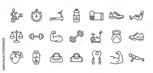 Fitness and workout icon set. Vector line pictograms of gym, exercise, running, stretching, dumbbell, yoga, strength, training, and healthy lifestyle illustration