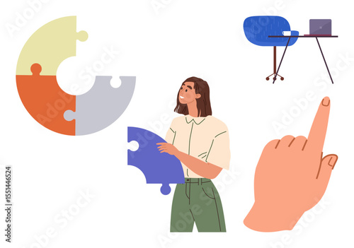 Puzzle piece held by a woman, colorful puzzle chart, hand gesture and desk with a chair and laptop. Ideal for collaboration, problem-solving, creativity, teamwork, strategy education motivation. A