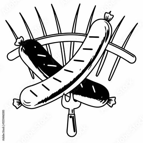 Grilled Sausages with Grill Marks and a Fork Black and White Illustration