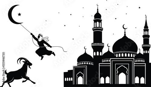 Eid al-Adha celebration vector, Islamic mosque silhouette with moon and stars, man with goat illustration, festival of sacrifice concept art for Muslim holiday greeting design.