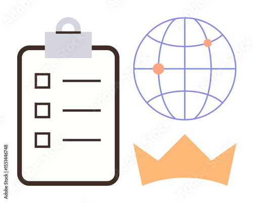 Clipboard with checklist, globe with markers, and crown highlights organization, global strategy, and achievement. Ideal for project planning, leadership, success, teamwork global goals