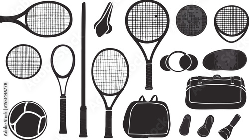 Vector Illustration of Tennis Equipment in Black and White Style