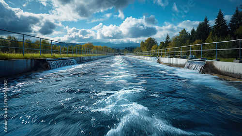 Dam Hydroelectric power station on the river with bridge, small hydroelectric power station and water sluice. Clean green renewable energy. Alternative energy. Ecology. Environmental protection
