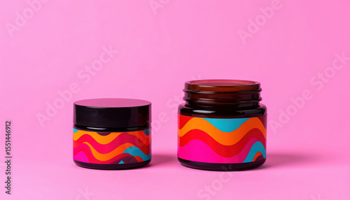 Two jars with colorful labels on a pink background product shot