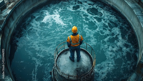 Worker observes water treatment facility