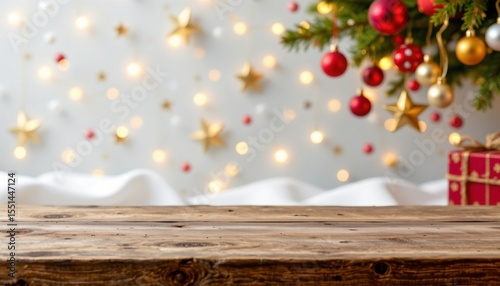 A photo of a glittering christmas holiday background featuring an empty wooden table in the foreground