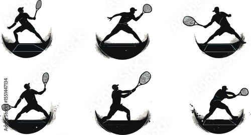 Tennis Player Silhouettes with Grunge Elements on White Background