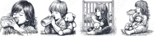 Halftone stipple bundle design of baby boy with long hair peacefully drinking milk from bottle, black engraving style, detailed dotted texture, vintage illustration, vector art