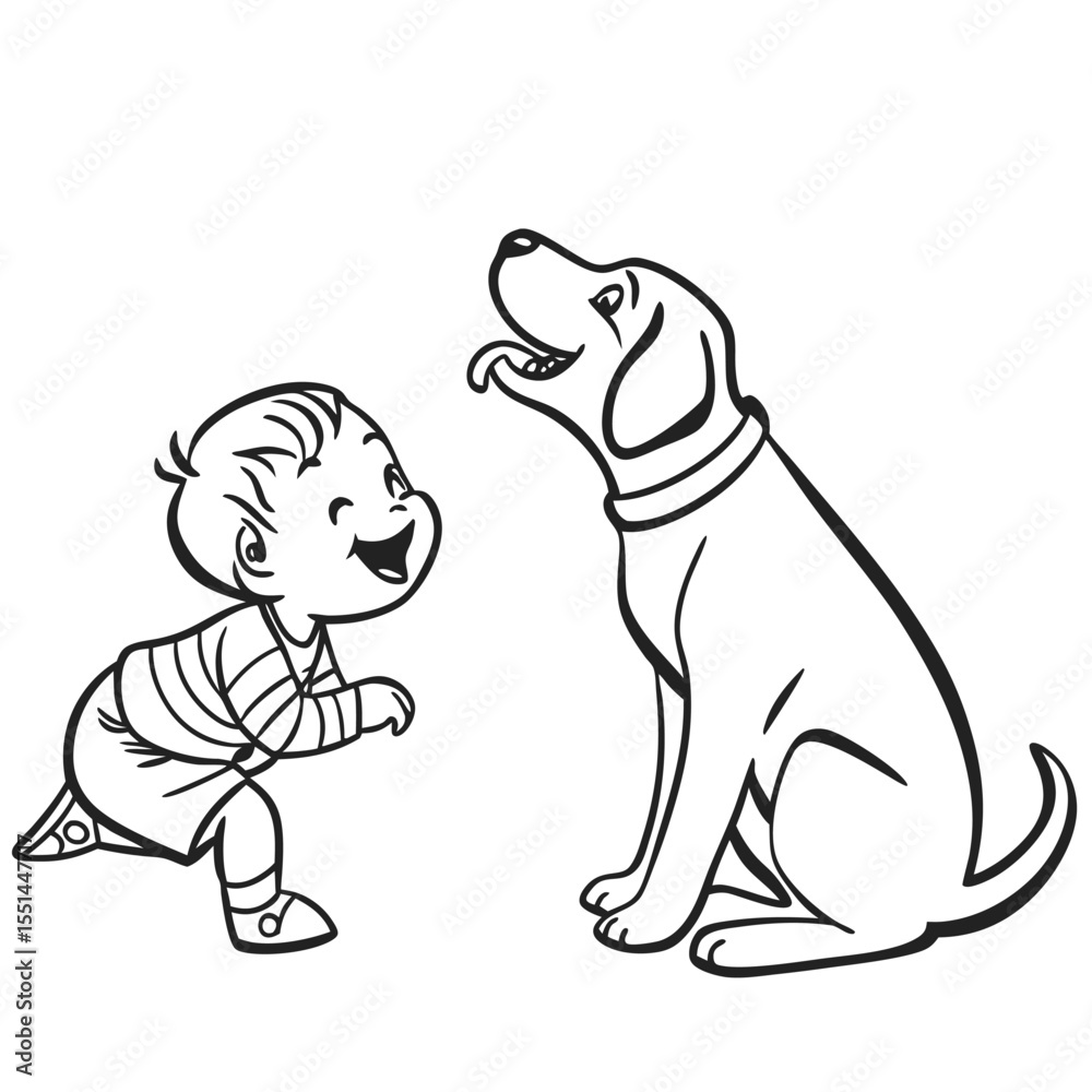 Fototapeta premium Black and White Illustration Boy and Dog Playing child