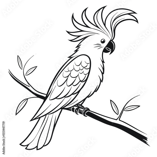 Black and White Cockatoo Perched on Branch Illustration