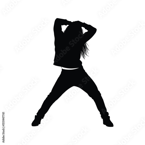Silhouette of a female hip hop dancer posing black and white vector illustration