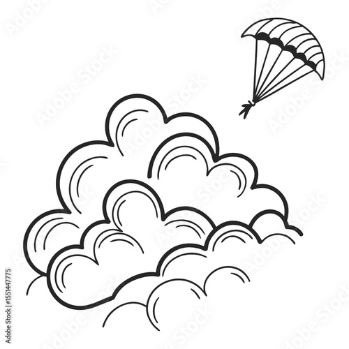 Black and White Parachute Descending over Stylized Clouds