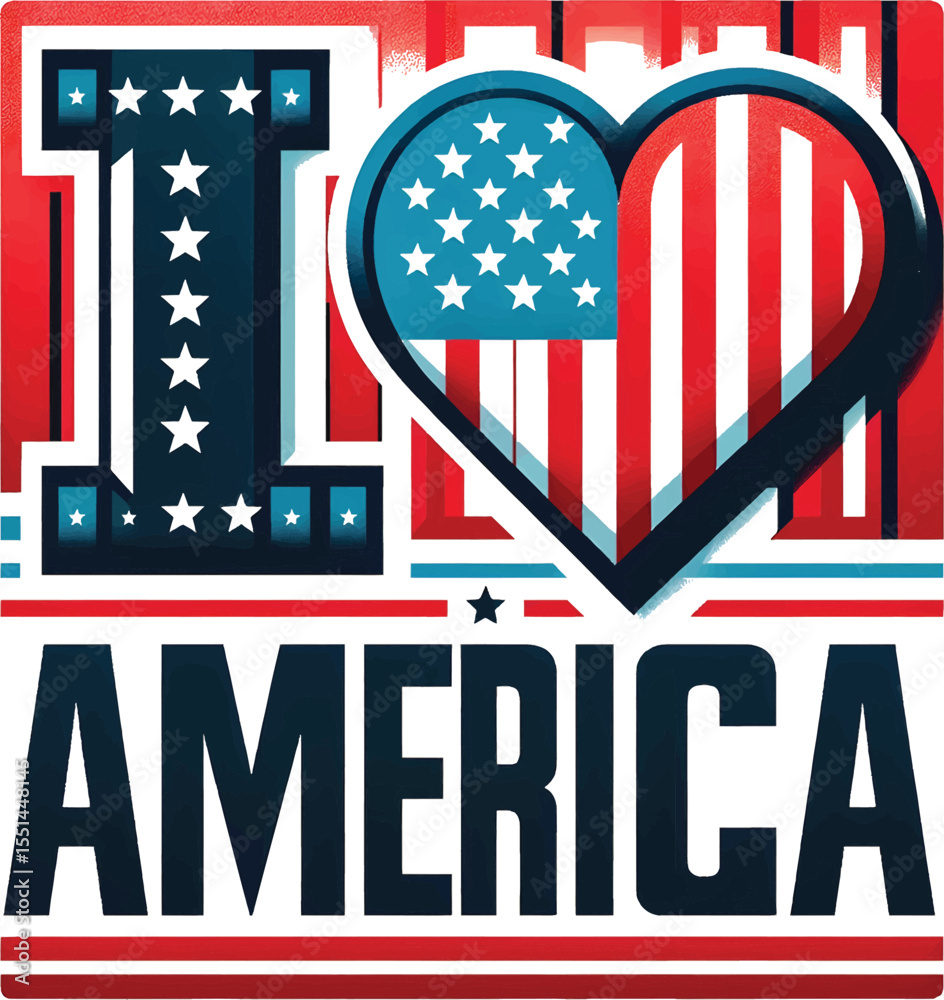 Obraz premium Decorative design emphasizing American pride, showcasing the iconic heart with flag, celebrating patriotic themes and national identity through stylized typography and vibrant