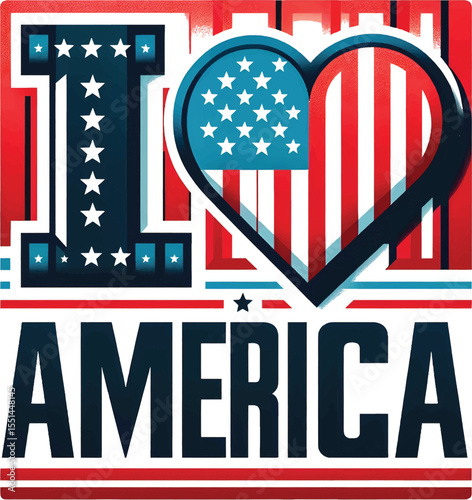 Decorative design emphasizing American pride, showcasing the iconic heart with flag, celebrating patriotic themes and national identity through stylized typography and vibrant