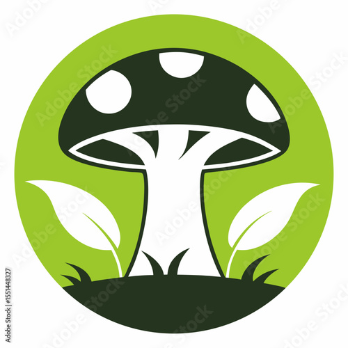 Mushroom Icon with Leaves in a Green Circle Simple and Clean