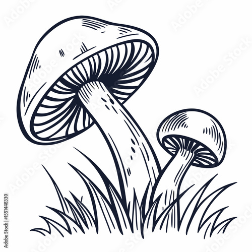 Two Mushrooms in the Grass Black and White Vector Illustration
