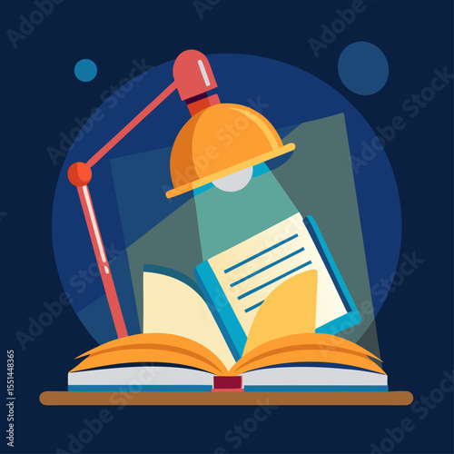 Open Book Illuminated by Desk Lamp in a Modern Flat Design Style
