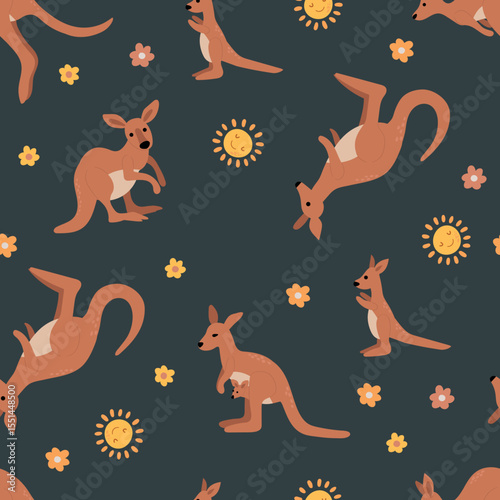 Seamless Pattern of Kangaroos and Flowers. Design for fabric, textile, wallpaper, packaging