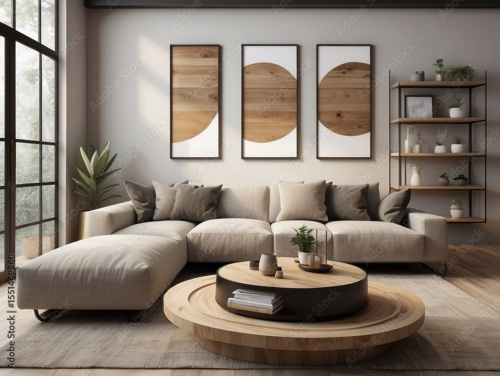 Fototapeta premium White sofa with fringed pillows and knitted blanket. Boho home interior design of modern living room