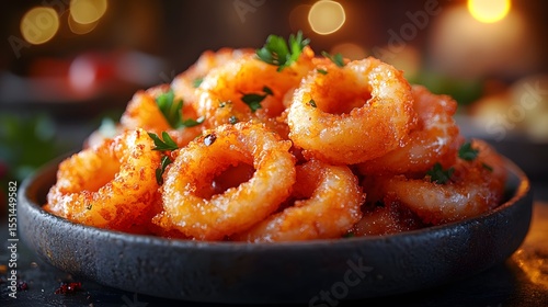 Golden Fried Calamari Rings with Fresh Herbs in Rustic Setting