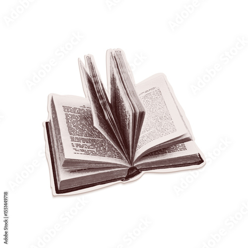 Trendy halftone collage of a open book cut out an old newspaper. Isolated vector illustration grayscale retro sticker with Bitmap and Dots texture. Vintage aesthetic, 80s - 90s vibe, nostalgic