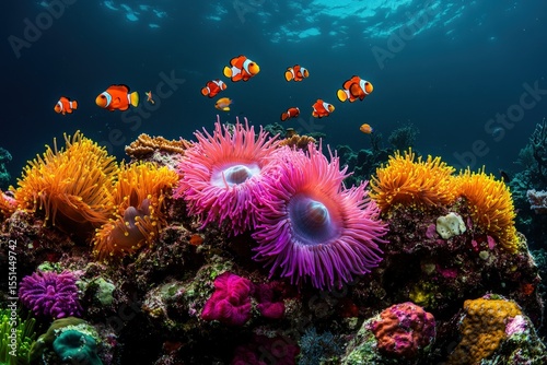 Vibrant coral reef teeming with clownfish (2) photo