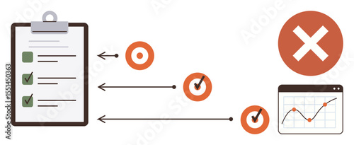Clipboard checklist, circular targets with progress arrows, data chart with trend lines, and error icon. Ideal for project management, task progress, success tracking, analytics, failure analysis