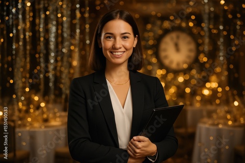 Smiling female event planner in elegant suit ready for a new year eve celebration