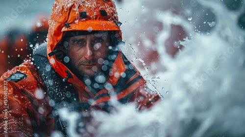 An intense close-up shows a man in an orange hooded jacket, his face splattered with water in a storm at sea. His focused, determined gaze conveys the harsh realities of maritime work photo