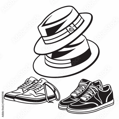 Black and White Illustration of Two Hats Stacked Above Two Pairs of Sneakers