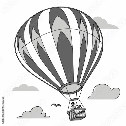 Monochrome Hot Air Balloon Ride with Passenger Floating Among Clouds