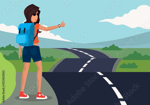Retro hitchhiker character with thumb extended on a roadside scene