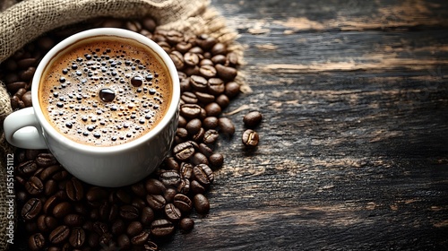A white coffee cup filled with rich freshly brewed coffee surrounded by roasted coffee beans on rustic wooden surface, evoking feelings of comfort and warmth.